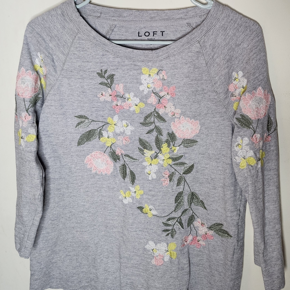 LOFT Heather Gray Floral Embroidered Long Sleeve Top